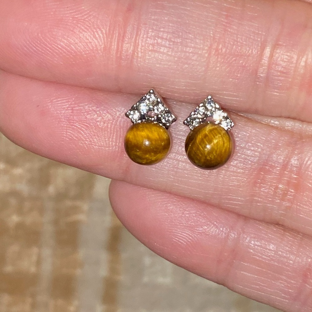 Brown tigers eye and Silver setting  Stud Earrings
